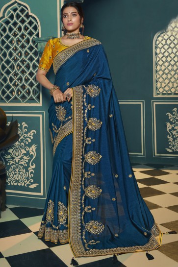 Blue Silk Embroidered Lace Work Designer Saree With Blouse