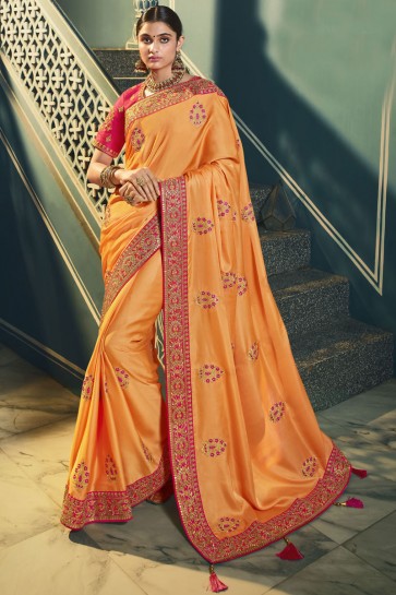 Silk Orange Embroidered Lace Work Designer Saree With Blouse