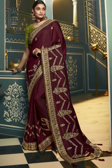  Embroidered Lace Work Designer Silk Maroon Lovely Saree With Blouse