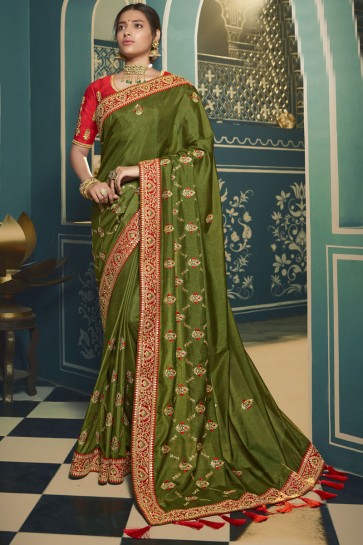 Green Silk Embroidered Lace Work Saree With Blouse