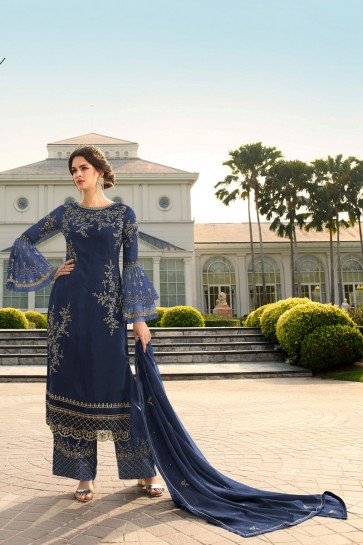 Embroidered Stone Work Georgette Navy Blue Plazzo Suit With  Dupatta