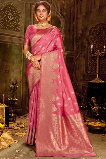 Pink Banarasi Silk Fabric Jacquard Work And Weaving Work Designer Saree And Blouse