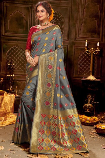 Optimum Jacquard Work And Weaving Work Grey Banarasi Silk Fabric Designer Saree And Blouse