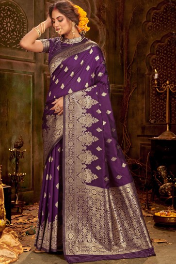 Banarasi Silk Fabric Purple Jacquard Work And Weaving Work Designer Saree And Blouse
