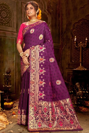 Violet Banarasi Silk Fabric Jacquard Work And Weaving Work Designer Saree And Blouse