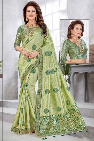 Weaving With Jacqaurd Work Light Green Banarasi Silk Fabric Saree With Blouse