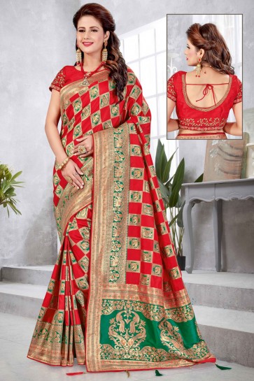 Stunning Pink Banarasi Silk Fabric Weaving With Jacqaurd Work Saree With Double Blouse