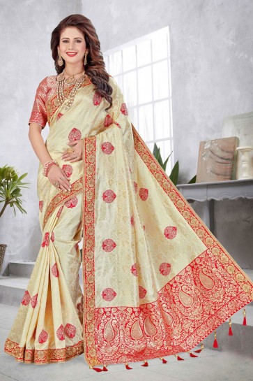 Banarasi Silk Fabric Weaving With Jacqaurd Work Designer Cream Lovely Saree With Blouse