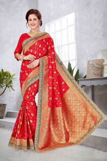 Banarasi Silk Fabric Red A Designer Saree With Double Blouse