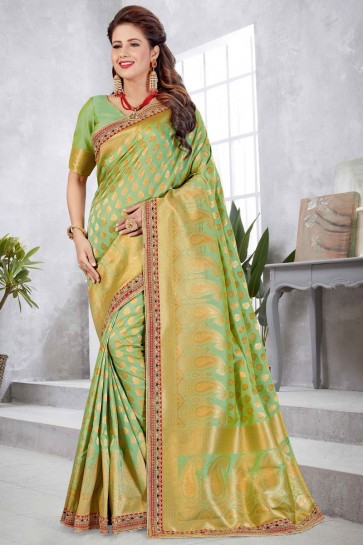 Green Banarasi Silk Fabric Weaving With Jacqaurd Work Designer Saree With Double Blouse