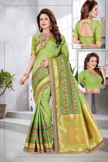 Light Green Banarasi Silk Fabric Weaving With Jacqaurd Work Designer Saree With Double Blouse