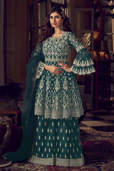 Embroidered Stone Work Net Fabric Green Plazzo Suit With  Net Dupatta