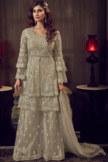 Embroidered Stone Work Net Fabric Beige Plazzo Suit With  Net Dupatta
