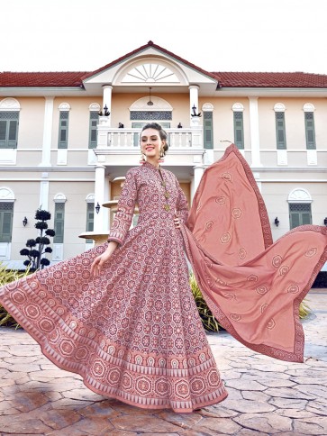Silk Digital Printed Designer Peach Anarkali Suit With  Dupatta