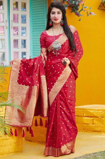 Stunning Red Banarasi Silk Fabric Designer Weaving With Jacqard Work Saree And Blouse