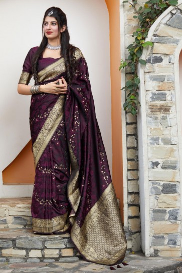 Purple Banarasi Silk Fabric Weaving With Jacqard Work Designer Saree And Blouse