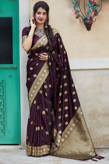 Stunning Purple Banarasi Silk Fabric Designer Weaving With Jacqard Work Saree And Blouse