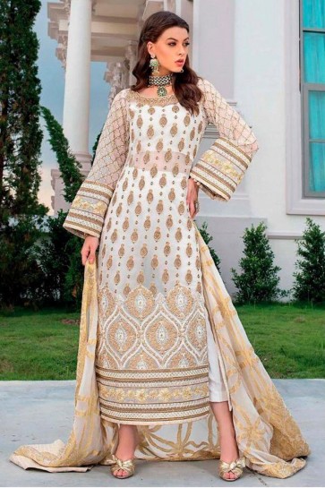 White Georgette Embroidered Stone Work Suit With Dupatta