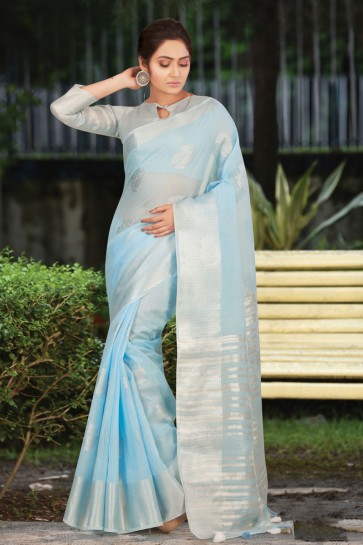 Linen Fabric Weaving Work Designer Sky Blue Saree And Blouse