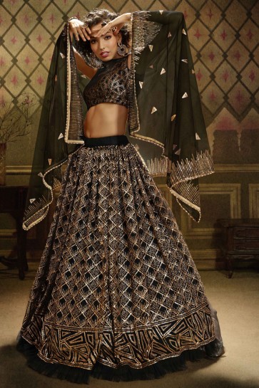 Net Fabric Designer Black Sequins Work Lehenga Choli With Dupatta