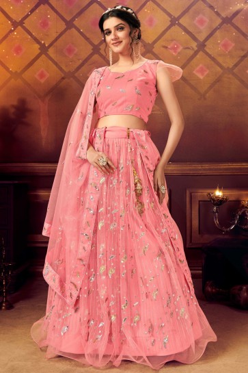 Stunning Pink Net Fabric Sequence Embroidered Lehenga Choli With Net Dupatta