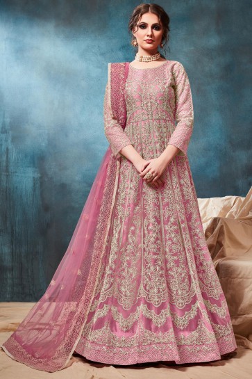 Embroidered Zari Work Pink Net Abaya Style Anarkali Suit With Net Dupatta