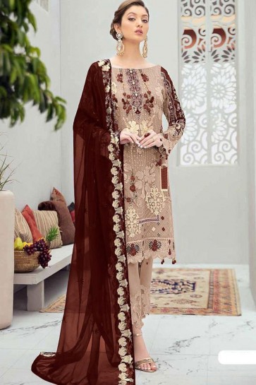 Embroidered Stone Worked Net Beige Pakistani Suit With Net Dupatta