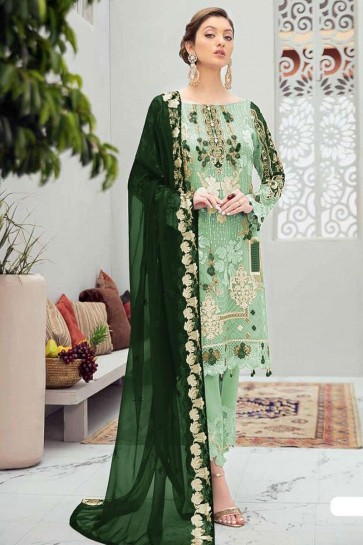 Light Green Net Embroidery Stone Worked Pakistani Suit With Net Dupatta