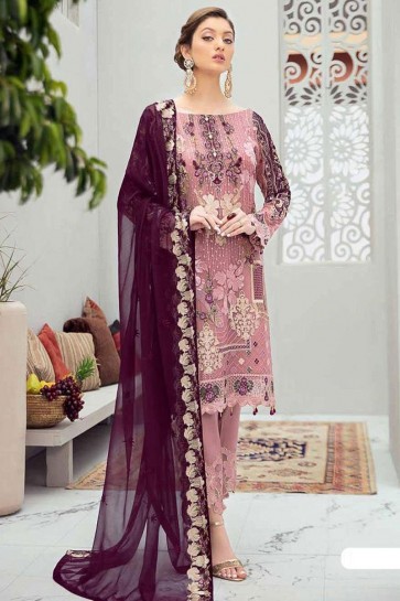 Embroidered Stone Work  Pink Net Fabric Pakistani Suit With Net Dupatta 