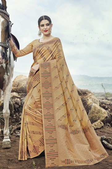 Optimum Weaving With Jacquard Work Chikoo Banarasi Silk Fabric Designer Saree With Blouse