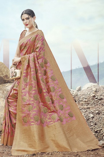Stunning Pink Banarasi Silk Fabric Designer Weaving With Jacquard Work Saree With Blouse