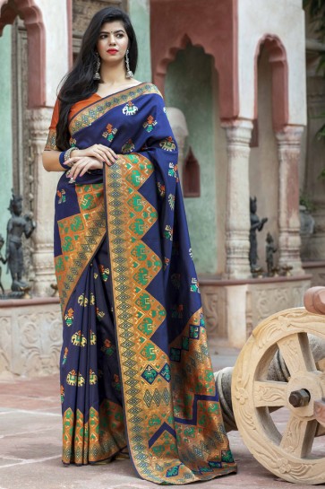 Stunning Orange Patola Silk Fabric Designer Weaving Work Saree With Blouse