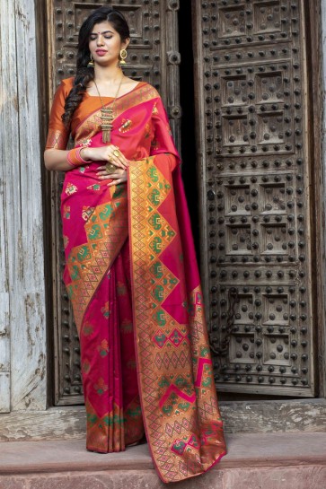 Patola Silk Fabric Weaving Work Designer Orange Saree With Blouse
