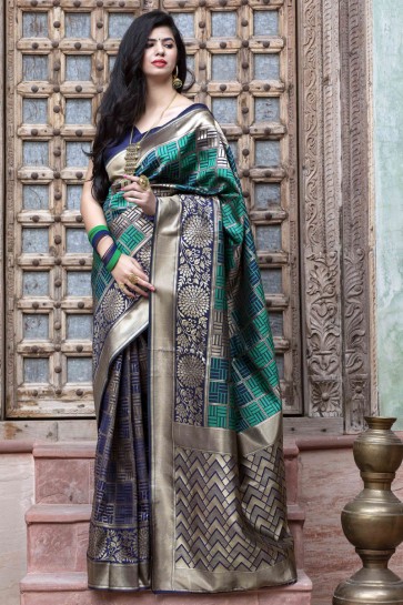 Banarasi Silk Fabric Weaving Work Designer Navy Blue Saree With Blouse