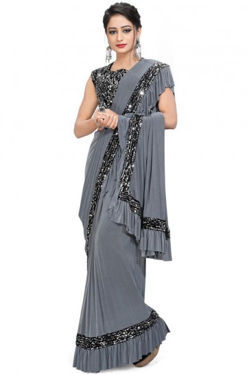 Thread Sequins Work Grey Imported Lycra Fabric Saree With Blouse