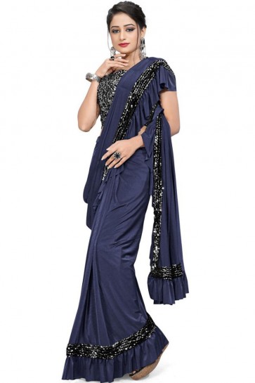 Stunning Blue Imported Lycra Fabric Thread Sequins Work Saree With Blouse