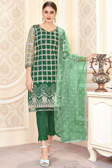 Green Embroidered Mirror Work Net Fabric Salwar Suit With Dupatta