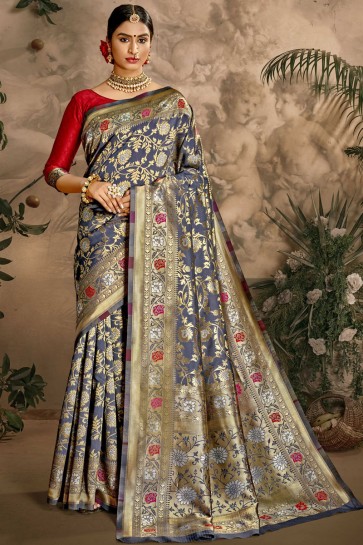 Art Silk Fabric Weaving Jacquard Work Designer Blue Color Saree And Blouse