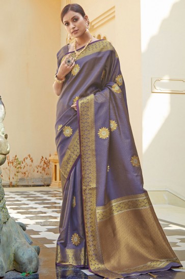 Optimum Weaving Jaqcaurd Work Purple Silk Fabric Designer Saree And Blouse