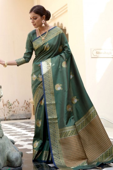 Stunning Green Silk Fabric Designer Weaving Jaqcaurd Work Saree And Blouse