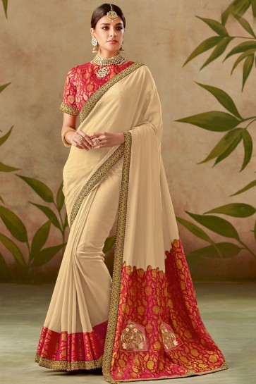 Silk Fabric Thread With Embroidery Work Designer Beige Saree With Blouse