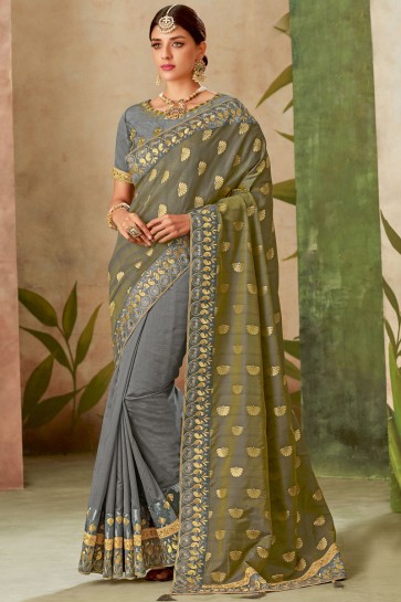 Thread With Embroidery Work Grey Silk Fabric Saree With Blouse