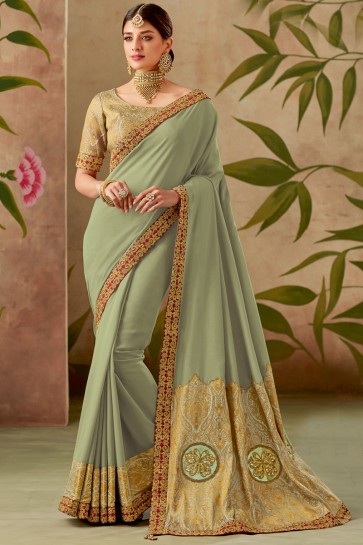 Silk Fabric Thread With Embroidery Work Designer Green Saree With Blouse