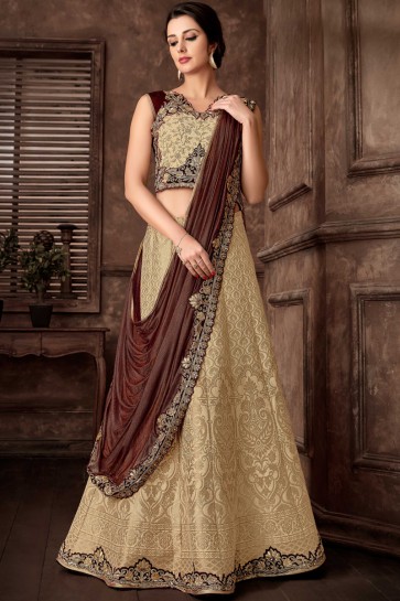 Fancy Fabric Beige Embroidred Thread Work Designer Saree With Blouse