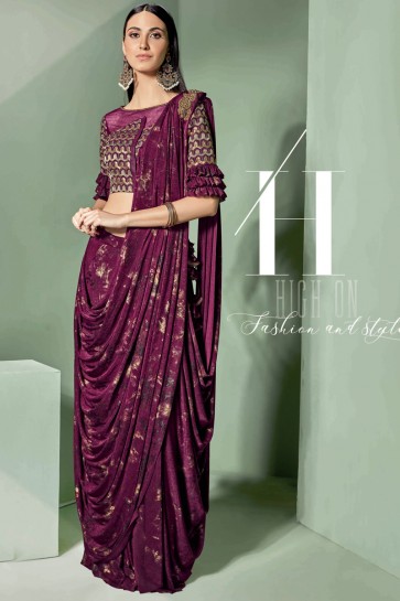 Stunning Violet Fancy Fabric Designer Embroidered Thread Work Saree With Blouse