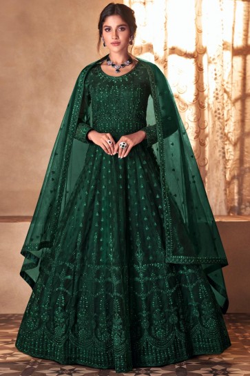 Embroidered Stone Work Green Butterfly Net Abaya Style Anarkali Suit With Butterfly Net Dupatta