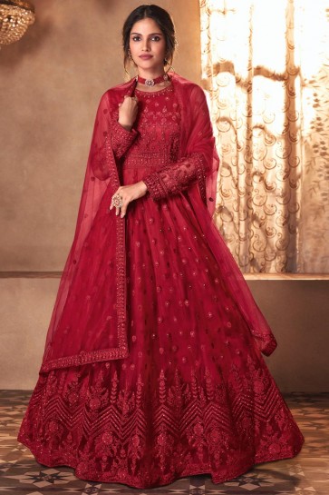 Red Butterfly Net Embroidered Stone Work Abaya Style Anarkali Suit With Butterfly Net Dupatta