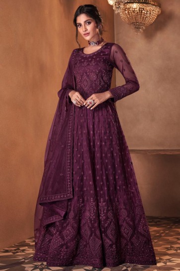 Purple Butterfly Net Embroidered Stone Work Abaya Style Anarkali Suit With Butterfly Net Dupatta