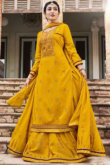 Embroidered Rayon Yellow Plazzo Suit With Chinon Dupatta