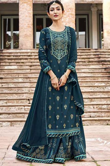 Embroidered Rayon Fabric Blue Plazzo Suit With Chinon Dupatta